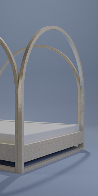 Parenthesis, bed of dreams, light oak and silver leaf, 200 x 210 x 200 cm