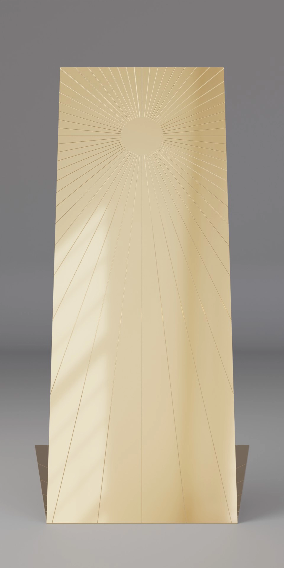 Majesty, full-length mirror, mirror-polished gold-tinted and engraved stainless steel, H 160 x D 120 x L 60/100 cm, thickness 0,3 cm