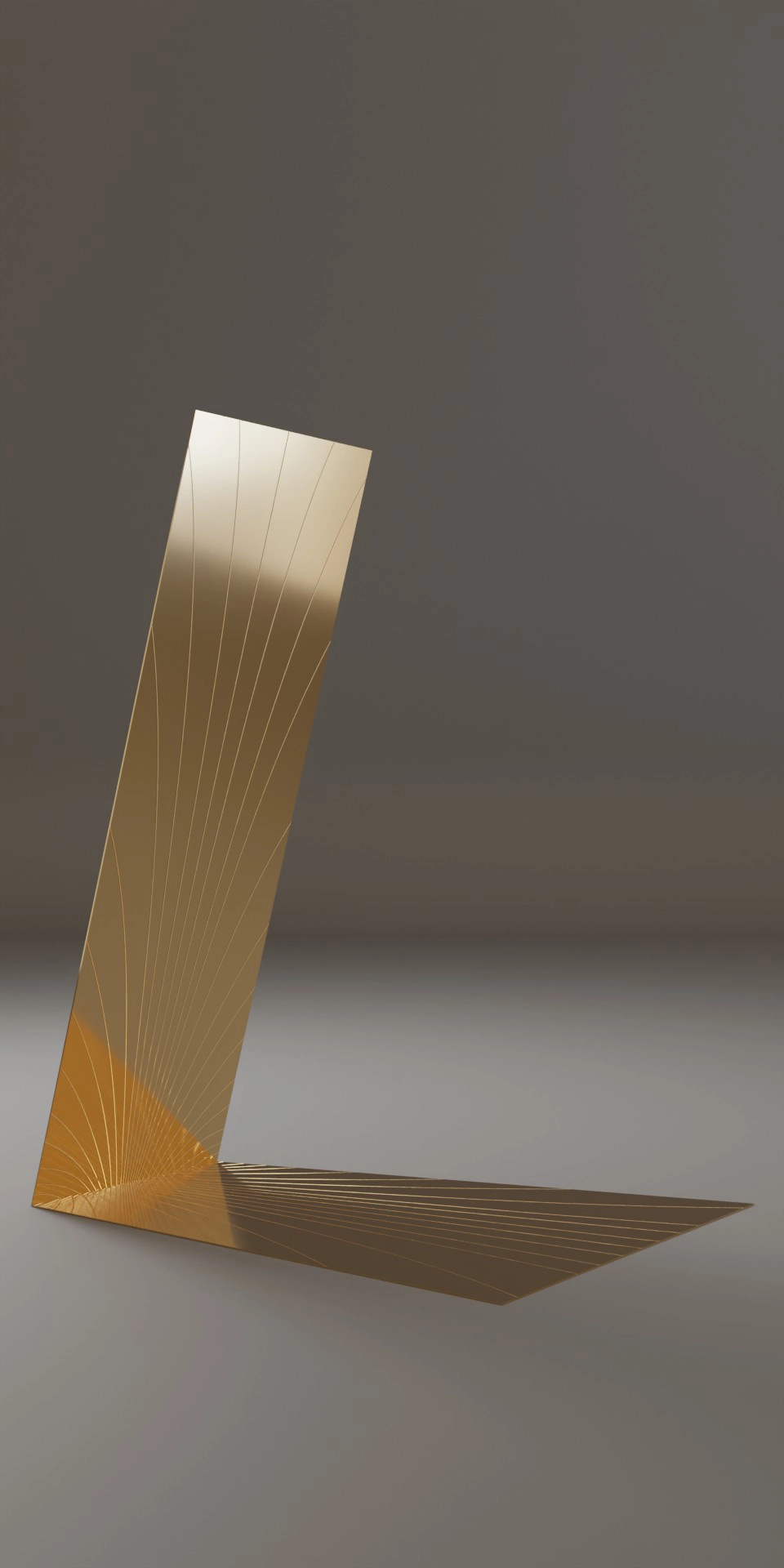 Majesty, full-length mirror, mirror-polished gold-tinted and engraved stainless steel, H 160 x D 120 x L 60/100 cm, thickness 0,3 cm