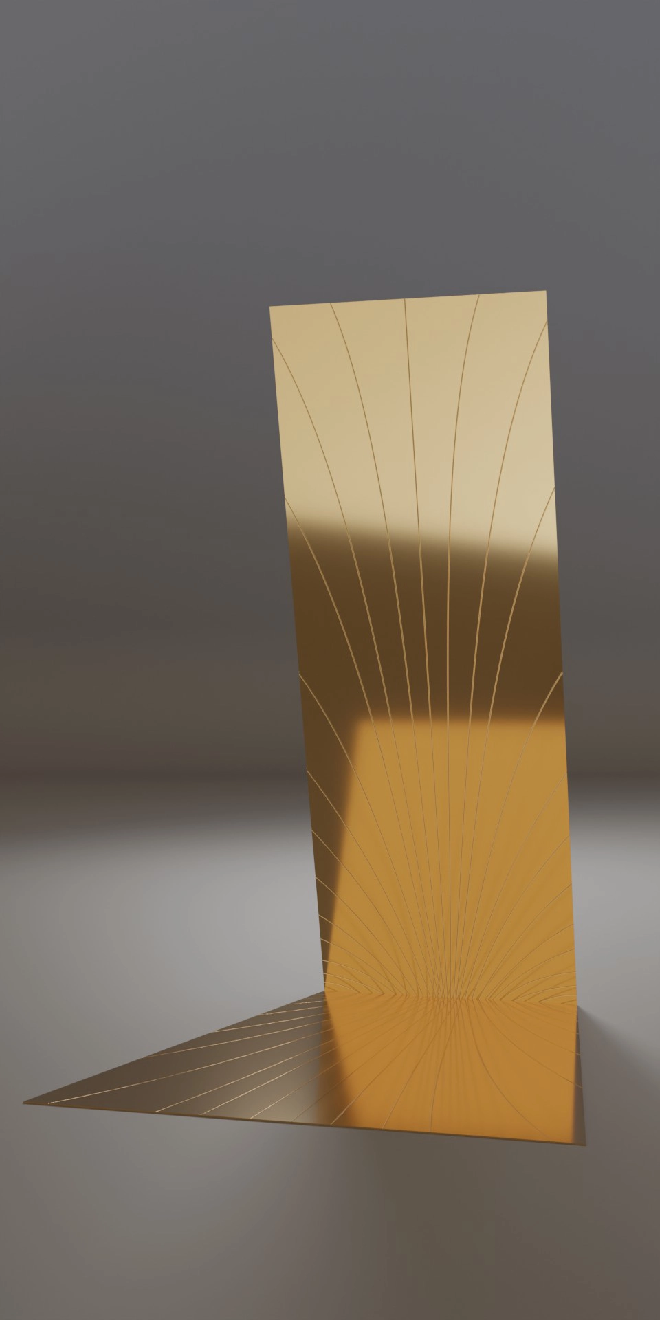 Majesty, full-length mirror, mirror-polished gold-tinted and engraved stainless steel, H 160 x D 120 x L 60/100 cm, thickness 0,3 cm